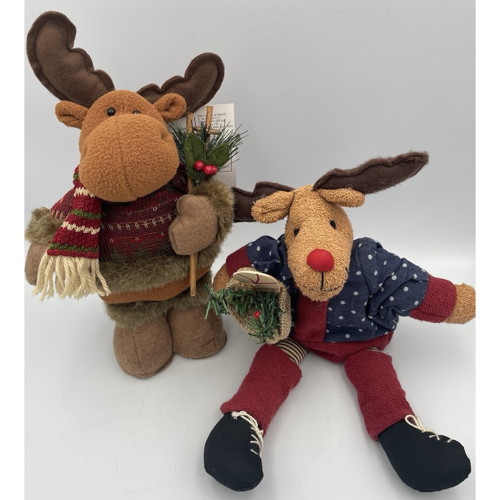 LOT of 2 Stuffed Reindeer Christmas Standing & Sitting Shelf Sitters Plush Ski